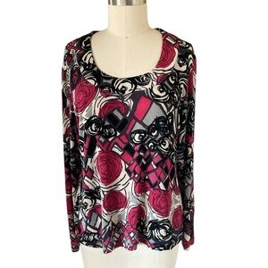Large Chico's Long Sleeve Top in Pink and Black Abstract Design, Sz 2